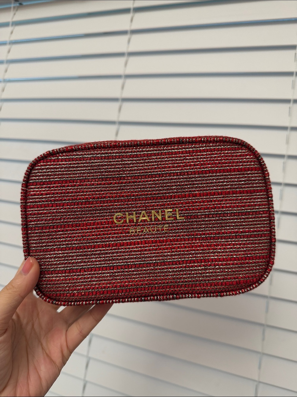 Red and Gold Striped Beauté Cosmetic bag